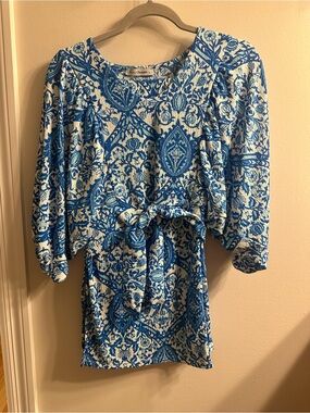 Blue and White Printed Tie-Waist Women's Top and Pants